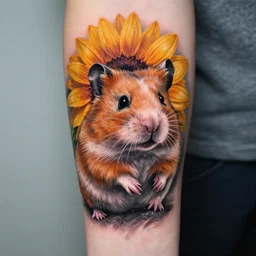creative double exposure effect tattoo design sketch of a hamster with a sunflower, realism tattoo, in the style of matteo pasqualin, amazing detail, sharp