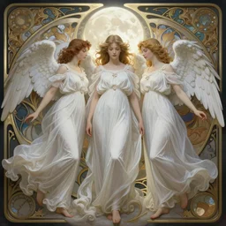 Angels in white gauze dresses, the glow of the moonlight, fantasy, intricate, elegant, highly detailed, digital painting, artstation, concept art, matte, sharp focus, illustration, art by Artgerm and Greg Rutkowski and Alphonse Mucha, trending on deviantart, trending on artstation