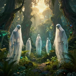 hyper realistic highly detailed nature photography of skeleton wraiths in a bioluminescent grove with heavy vegetation, prehistoric planet, volumetric lighting, octane render, 4 k resolution, golden hour