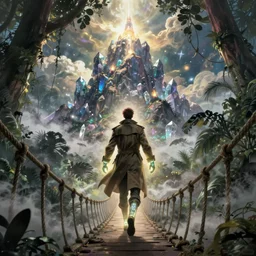 comic book art of a [ man ] in trenchcoat with ( glowing ) [ gloves ] and [ boots ] crossing a [ old ] [ rope ] bridge in a [ jungle ] looking up at a [ mountain ] made of crystalized rock, a [ glowing tower ] extends into the sky, low angle, illustration, elegant, cyberpunk, volumetric fog, arcane by tim doyle