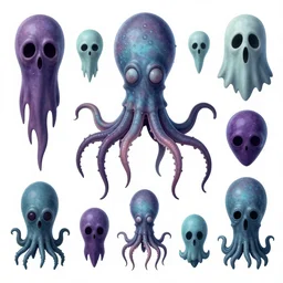CGI haunted lisa frank gothic punk vampiric ghostly underwater vampiric anthropomorphic squid character designs of various shapes and sizes by genndy tartakovsky and ruby gloom by martin hsu and the creators of fret nice being overseen by Jamie Hewlett from gorillaz and tim shafer from doublefine for a splatoon game by nintendo
