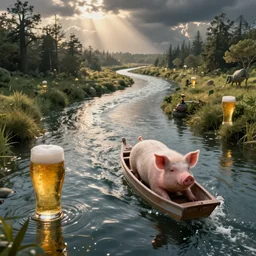an endless river of beer on which a pig is swimming on a boat, digital art