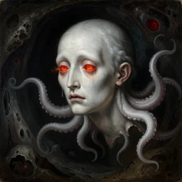 painting by hieronymus bosch of a flying sorrowful looking human head with tears running down it's eyes, face that is chalk white in color, with long sprawling white tentacles stemming down it's neck, fiery scorching red eyes, flying in a terrying hellish dark cavernous place