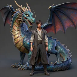 a man in a costume next to a dragon, a detailed matte painting by li chevalier, zbrush central contest winner, cloisonnism, reimagined by industrial light and magic, daz 3 d, behance hd