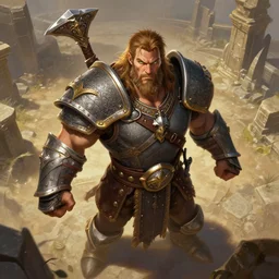 veteran warrior, man in armour, dnd barbarian, conan the barbarian, powerful male character from warcraft, character portrait, dnd art, new hearthstone addon, trading card game art, perfectly shaded, extremely detailed, royal allure, volumetric lighting, 4 k, view from top, dynamic scene, fighting, sharp focus, deserted landscape, ancient stone ruins, art by frank frazetta and greg rut
