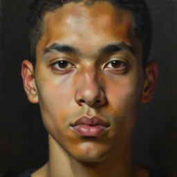 detailed portrait, cosmopolitan, realistic face sculpted features, ethnic, clear eyes, statuesque, tech noir, warm glowing skin, chiaroscuro, tangible, peach fuzz, angular impressionism, deep ambient backdrop, natural colors, oil on canvas