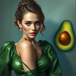 expressive oil painting, of emma watson wearing avocado cosplay costume, loving seductive look, smooth glowing skin, glistening body, love, adoration, blushing, glamour shot, by yoshitaka amano, by greg rutkowski, by jeremyg lipkinng, by artgerm, digital art, octane render