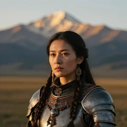 head and shoulders portrait of a female knight, steppe nomad, photography by jimmy nelson, dramatic mountain background, golden hour, hq