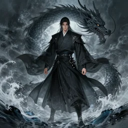 dark fantasy male dark sorcerer, with japanese dragon, surrounded by storm and waves, highly detailed, qichao wang, artgerm, cushart krenz, zeronis, trending on artstation, soft light, sharp edges, illustration, character design, concept art