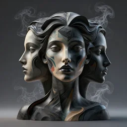 epic concept art. 3 d abstract female supermodel face silhouette poses mixing with black and color liquid fluid. abstract sculpture. art deco swirls. smoke simulation, vfx, cinema 4 d, tyflow. masterpiece, michelangelo. concept art, matte painting. greg rutkowski, wlop, victo ngai, kandinski