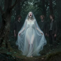 in the style of thomas kinkade, mikko lagerstedt, joshua middleton, transparent female ghost screaming, flowing dress, full body, symmetrical face, in the woods, moody lighting, dark fantasy