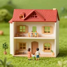 miniature family in front of giant dollhouse on a grass field, matte painting, smooth, sharp focus, highly detailed, trending on artstation