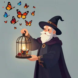 wizard holding a cage, with a swarm of butterflies escaping, digital 2d fantasy art