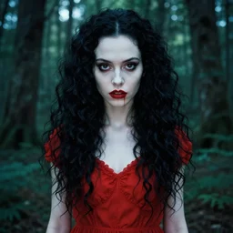 in the style of joshua middleton, artgerm, symmetrical face, evil dead demon, pretty alyson hannigan, evil dead demon, evil dead movie, red dress, symmetrical eyes, symmetrical eyes, long curly black hair, trees, symmetrical eyes, forest, evil dead, forest, cinematic lighting, evil dead