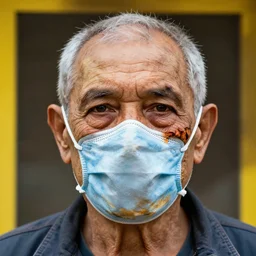 an elderly man wearing a mask made from burn victims, bold natural colors, national geographic photography, masterpiece, 8 k, raw, unedited, symmetrical balance