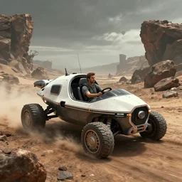 a man driving a space vehicle in the landscapes of an dead world full of rocks, award winning, trending on artstation, unreal engine