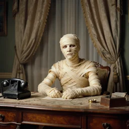Portrait of a mummy sitting at a Louis XIV desk, with very old curtains in the room. The desk has a very old phone on it. Dusty air