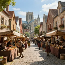 A busy medieval town market, cobblestone street, merchant stands, cathedral in the background, photorealistic, detailed, octane render, vibrant colors, 4k