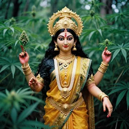 hindu goddess in cannabis forest, film photo, grainy, high detail, high resolution,