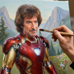 a closeup photorealistic photograph of bob ross holding a paintbrush and diligently finishing a canvas painting depicting iron man. mountains and trees. film still. brightly lit scene. this 4 k hd image is trending on artstation, featured on behance, well - rendered, extra crisp, features intricate detail, epic composition and the style of unreal engine.