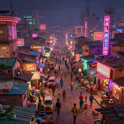 photo of a bustling neon lit ajegunle slum in nigeria, unreal engine 3 d vfx render, digital illustration by mike winkelmann, photo by vivian maier, sharp, intricate detail, volumetric light, ray tracing, soft light, colourful, claymation, wide angle, acrylic, cinestill 8 0 0 t,