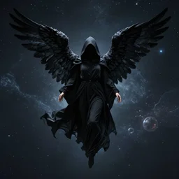 dark hooded cloaked angel with long black garments and beautiful black wings floating in the void of space, surrealistic, highly detailed