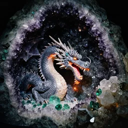 100mm photo of a giant fire breathing dragon in a crystal cave made of amethyst, emerals and quartz shot on 35mm film