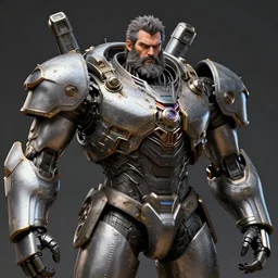 a bearded man in bulky mech armor that looks too big for his head. highly detailed, intricate. hyper realistic.