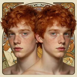 portrait of short and stocky, 1 9 - year - old male twins with red hair and freckles, hyper realistic face, beautiful eyes, fantasy art, in the style of greg rutkowski, intricate, alphonse mucha, hyper detailed, smooth