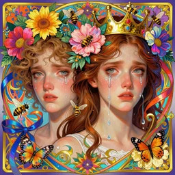 adam and eve, intense eyes, tears running down, crying, vaporwave aesthetic, synthwave, colorful, psychedelic, crown, flowers, bees, butterflies, ribbons, ornate, intricate, digital painting, artstation, concept art, smooth, sharp focus, illustration, art by artgerm and greg rutkowski and alphonse mucha