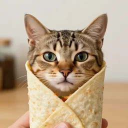 a cat face sticking out of a burrito