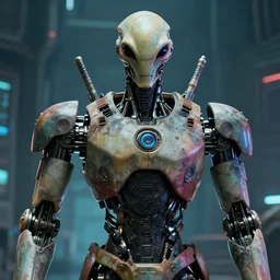 robot, with arms, cinematic torso, faded colors, exotic alien features, cyber background, tim hildebrandt, wayne barlowe, bruce pennington, donato giancola, larry elmore, masterpiece, trending on artstation, featured on pixiv, zack snyder, cinematic composition, beautiful lighting, sharp, details, hyper - detailed, hd, hdr, 4 k, 8 k