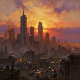 a post apocalyptic american city landscape after a nuclear war, beautiful radioactive sunset lighting, beautiful painting, fallout 4 concept art, painted by albert bierstadt