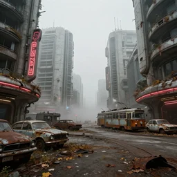 low wide angle shot of dilapidated fallout 5 europa, retro futuristic euro cityscapes, desolate, dilapidated neon signs, few rusted retro futuristic vintage parked vehicles like cars, buses, trucks, trams, volumetric lighting, photorealistic, fog, daytime, autumn, overcast weather, sharp focus, ultra detailed, 4 0 0 0 k