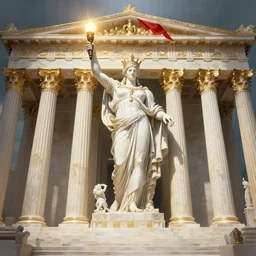 a matte painting of a mystical Atlantis grec temple olymp glory statue pantheon in white marble gold incrusted of legends adn red flag dynasty brutalist architecture by Frank Lloyd Wright and Zaha Hadid torch volume light