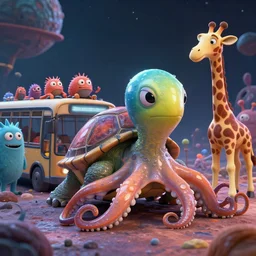 a strange bird turtle octopus giraffe chimera creature waiting for the bus with other monsters, on an alien planet, in the style of shaun tan and sam shearon and dr seuss, close up, glossy, beautiful, fantastic, wonderful, science fiction, dramatic lighting, high contrast, 3 d sculpture 8 k octane render