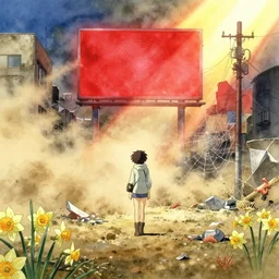 anime movie scene, mamoru oshii, otomo, ultra wide, dust cloud, vanishing point, hoody woman explorer, watercolor, empty, spiderwebs, trash, coral reef, daffodils, glowing red billboards, sun beam, dusty volumetric bloom lighting, rim light, paper texture, deserted shinjuku junk town, wires, telephone pole, yellow, red