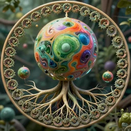 close up circular border with curly symmetrical designs colorful sphere, concept art, nature, fractals, depth of field, roots, fluid simulation in houdini, subsurface scattering, volumetric, very detailed, trending on artstation, rendered in octane, cgsociety