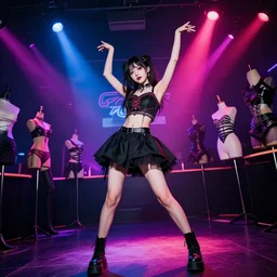 an award winning professional digital photograph of a cute and skinny goth girl dancing at a night club, mannequins in backgroun, neon spotlights, canon 3 5 mm wide view lens viewpoint, epic, wow