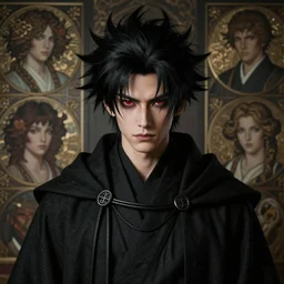 handsome demon boy, young adult mazoku japanese man with wild spiky black hair, vantablack cloak, red eyes, ultra realistic, concept art, intricate details, eerie, highly detailed, photorealistic, octane render, 8 k, unreal engine. art by artgerm and greg rutkowski and charlie bowater and magali villeneuve and alphonse mucha