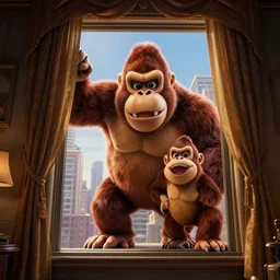 king kong donkey kong peering in a high rise fancy apartment window. beautiful lighting action movie still from inside the apartment, photo, dslr - n 9