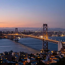 nightfall over san francisco and the bay area, bay bridge, boats, cityscape buzzing with activity, beautiful scenery, breathtaking