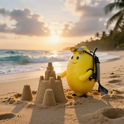 5 0 mm photograph, of a real anthropomorphic lemon cartoon character, it's long, has lemon skin texture, it is wearing a hat and scuba diving, building a sandcastle on the beach at sunset, beach, huge waves, sun, clouds, tropical trees, rim light, cinematic photography, professional, sand, sandcastle, volumetric lightening, pentax k 1 0 0 0