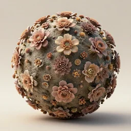 The Mandelbulb has grown flowers all over its surface. Side View. Neutral Lighting. High Detail