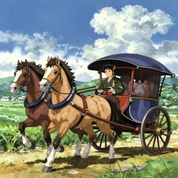 a chariot drawn by horse in japan, 1990s anime, full color,