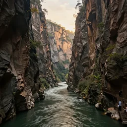 a straight river with tall cliffs, exquisite, volumetric lighting, 8 k octane beautifully detailed render, post - processing, extremely hyper - detailed, intricate, epic composition, cinematic lighting, masterpiece, trending on artstation, stunning art by caravaggio, by fitz henry lane, beautiful cinematic light