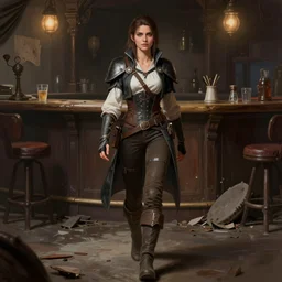 full body character portrait of a female lavellan from dragon age walking through a destroyed dive bar wearing inquisitor clothes, with a realistically proportioned face, realistically rendered face, realistically rendered clothing, enhanced face, illustration, digital painting, realistic lighting, photorealistic eyes, good value control, realistic shading, substance painter