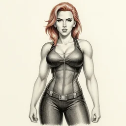 muscular, fully clothed, scarlett johansson from the hidden leaf village, shonen jump, pencil and ink, afro samurai anime style, black and white, dramatic lighting, soaking wet, heavy rain!