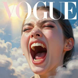 close - up, screaming fashion model face, sun, cinematic, clouds, vogue cover style, dystopian art, poster art, futuristic, bright mood, fantasy artrealistic painting, intricate oil painting, high detail, 3 d, by tooth wu and wlop and beeple and greg rutkowski