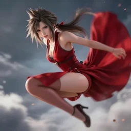 epic scene of very attractive final fantasy vii female character, detail face, lovely eyes and detailed lips, with amazing detail red dress, feet in high heels ) ( fighting ) hyper realistic 3 d render, art station, particles, epic scene, mucha, clouds, seductive jump pose, blur focus, action,